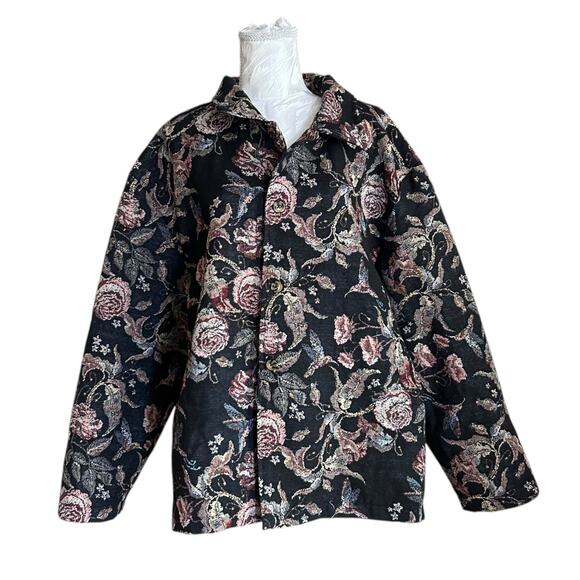Vintage 90s Floral Tapestry Jacket Black Hummingbird Print Blazer Women Sz XL - Picture 1 of 16